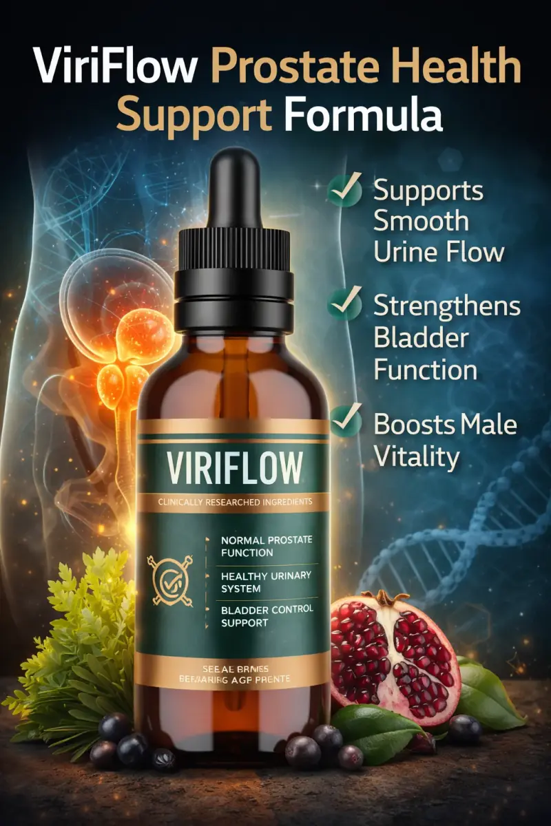 “ViriFlow prostate health supplement bottle with natural ingredients supporting urinary flow, bladder control, and male vitality.”
